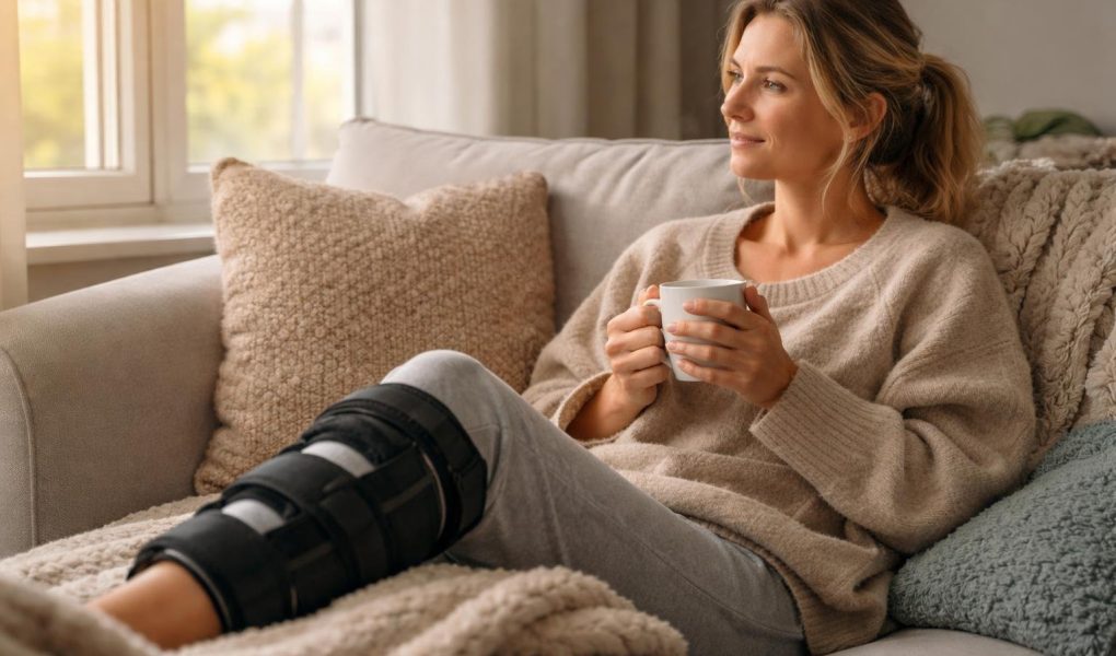 personne-attelle-genou-tasse-fumante