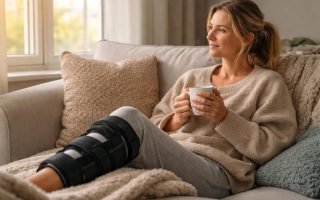 personne-attelle-genou-tasse-fumante