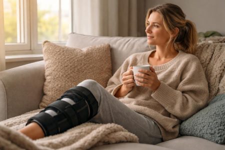 personne-attelle-genou-tasse-fumante